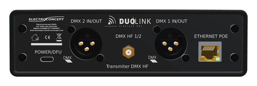 Connectique arrière : USB-C, DMX 2, antenne SMA, DMX 1, Ethernet PoE